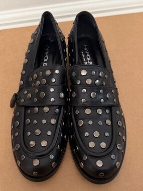 Napoleoni Women’s Studded Black Leather Loafers Size 40 Made In Italy